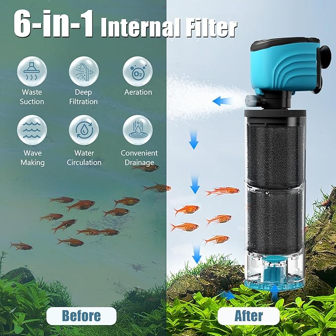 Submersible Aquarium Filter, Upgraded 100-300 Gallon Fish Tank Filter with Fish Guard, Internal Whisper Pump for Turtle Tank, Fresh/Saltwater, Check Valve, Debris Tray,15-Inch
