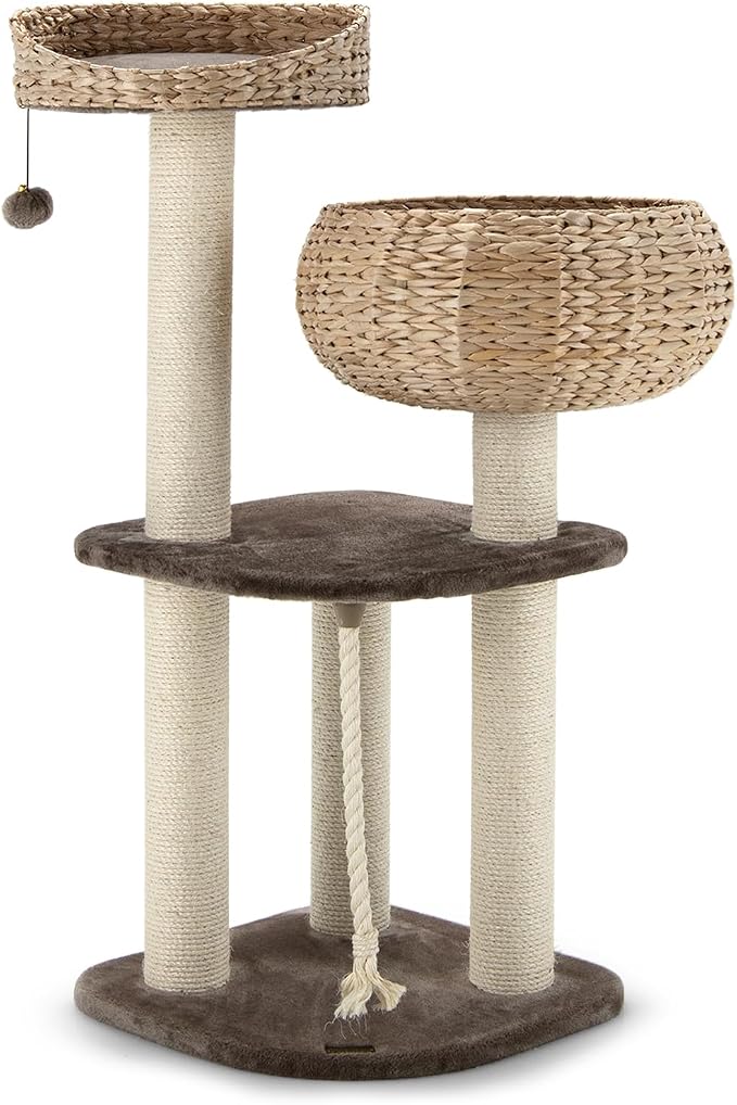 PETSITE 41 Inch Modern Cat Tree for Indoor Cats, Multi-Level Cat Tower with Scratching Posts, Hand-Made Wicker Cat Condo & Top Perch, Dangling Ball, Sisal Rope, Cute Cat Tree for Indoor Cats