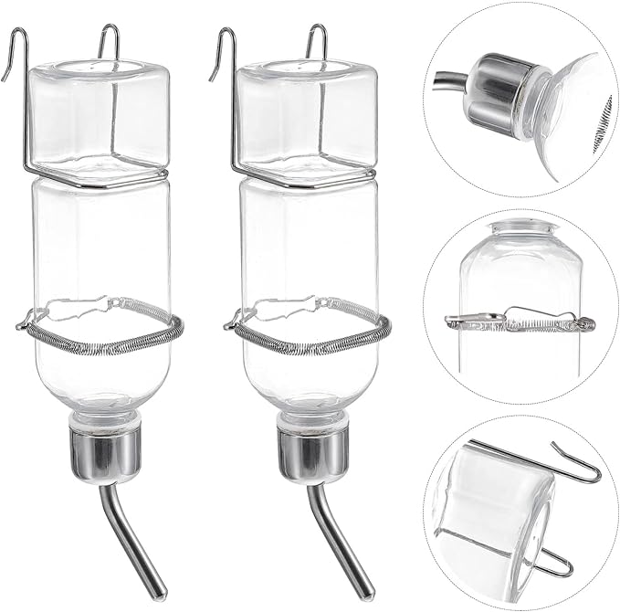 balacoo 2 Pcs Pet Water Feeder 6Oz Hanging Rabbit Water Bottle No Drip Small Animal Watering Fountain with Springs and Hooks for Guinea Pig and Bunny
