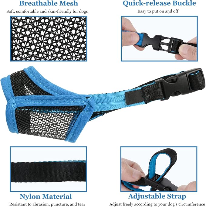 LUCKYPAW Dog Muzzle, Mesh Muzzle for Large Medium Dogs, Soft Mouth Cover to Prevent Biting Chewing, Drinkable Breathable Adjustable Puppy Mouth Guard(L, Blue)