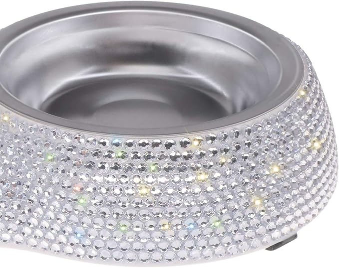SAVORI Small Dog Bowls, Handmade Bling Rhinestones Stainless Steel Pet Bowls Double Food Water Feeder for Puppy Cats Dogs Cats (Silver-320ml)