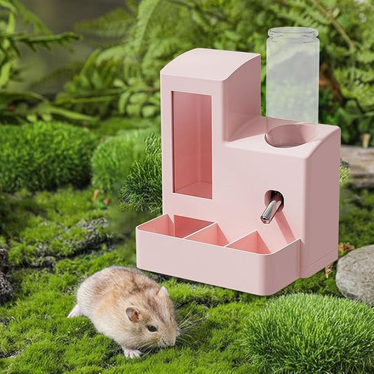 3 in 1 Hamster Automatic Feeder Dispenser Easy to Clean Container Feeding Station for Home Ferrets Bunny Small Animal Patio, Pink 120ml Bottle