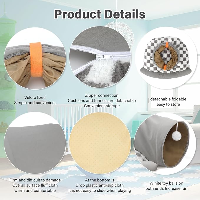 BWOGUE Bunny Tunnel Bed, 2-in-1 Collapsible Tunnel Tubes Toys with Removable Mat Hideout for Cats Kittens Rabbits Guinea Pigs Kitty (Gray)