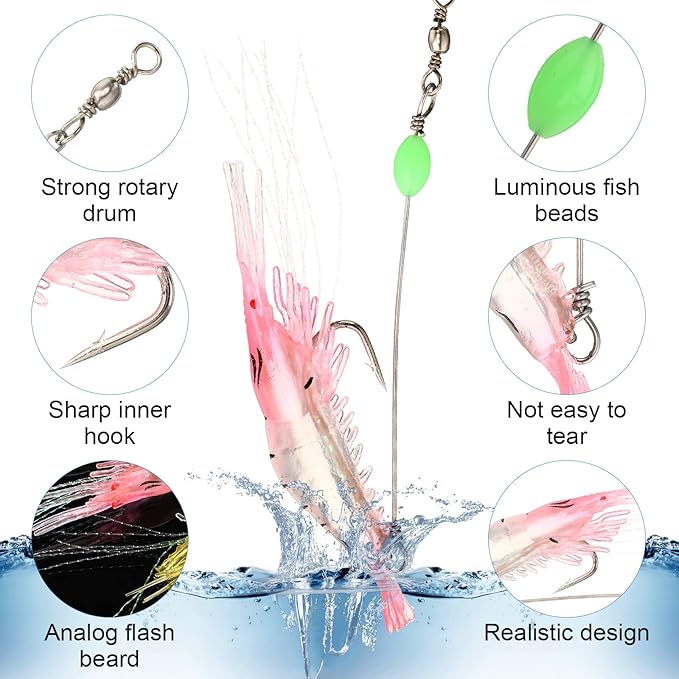 28 Pcs Saltwater Fishing Lures Set, 7 Colors Glow Artificial Shrimp Bait Shrimp Lure with Hook Bead Fishing Tackles for Trout Bass Flounder Redfish Freshwater Saltwater Catfish Salmon