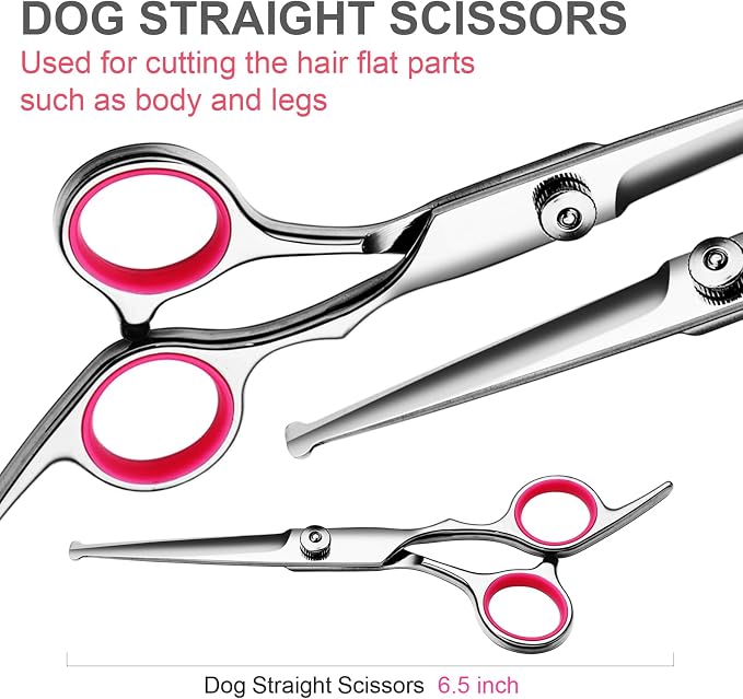 Dog Grooming Scissors Kit, Premium Stainless Steel Dog Shears with Curved Shears, Sharp Durable for Dogs Cats+Pink 4 Piece