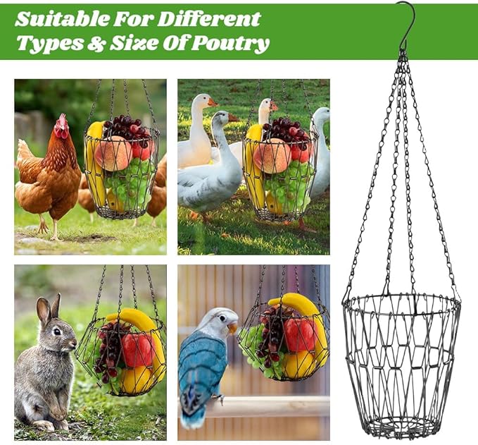 Hanging Chicken Feeder, 9.2 inches Large Poultry Vegetable Fruits Feeder Basket with 4Pcs Hanging Stainless Chain, Veggie Treat Ball for Chicken,Hens,Duck,Rabbit Coop(Size:1pc)