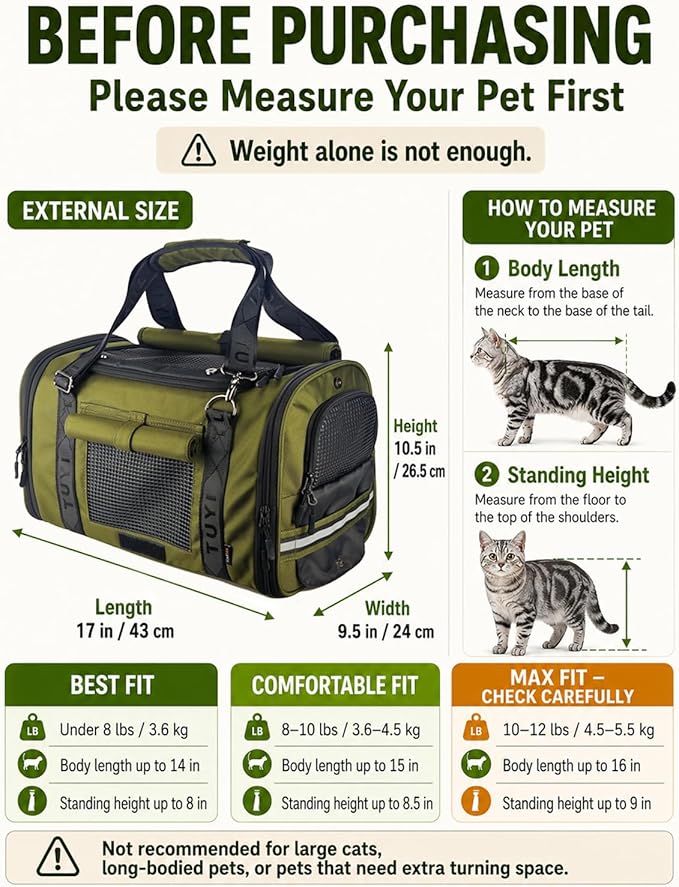 Soft Sided Cat Carrier for Anxious Cats with Privacy Flaps, Airline Approved & Car Seat Safe Pet Carrier for Small Dogs & Cats, 17 x 9.5 x 10.5 in, Reinforced Resin Mesh, Metal Buckles, Green
