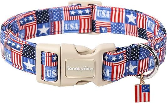 Lionet Paws Summer Dog Collar- Cute 4th of July Dog Collars with America Flag Pattern and Plastic Buckle, Light Adjustable Dog Collars for Medium Dogs