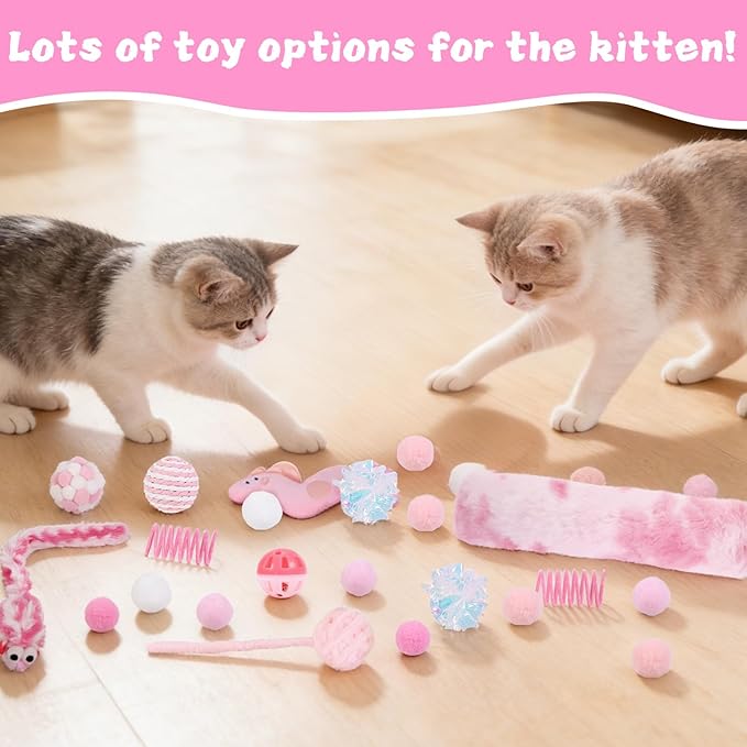 Foxtell Pink Cat Ball Pit Include 115 PCS Interactive Cat Toys for Indoor Bored Self Play Enrichment Toy for Indoor Cats Interactive Fun and Exercise