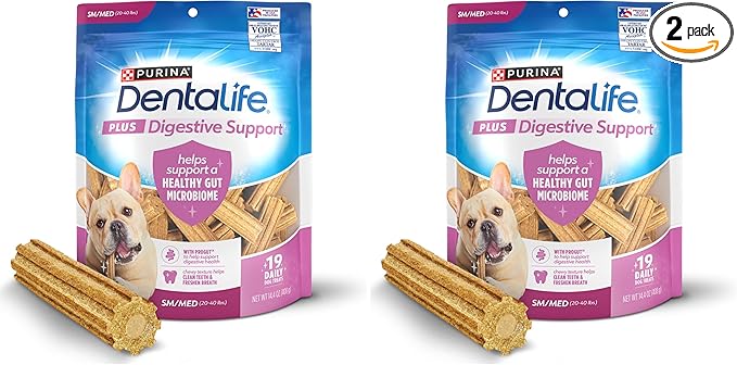 Dentalife Plus Digestive Support Dog Treats for Small and Medium Dogs, Cleans Teeth, Freshens Breath, & Supports Healthy Gut, Chicken & Pumpkin Flavor, 14.4 oz., 19 Chews - 19 ct. Pouch, (Pack of 2)
