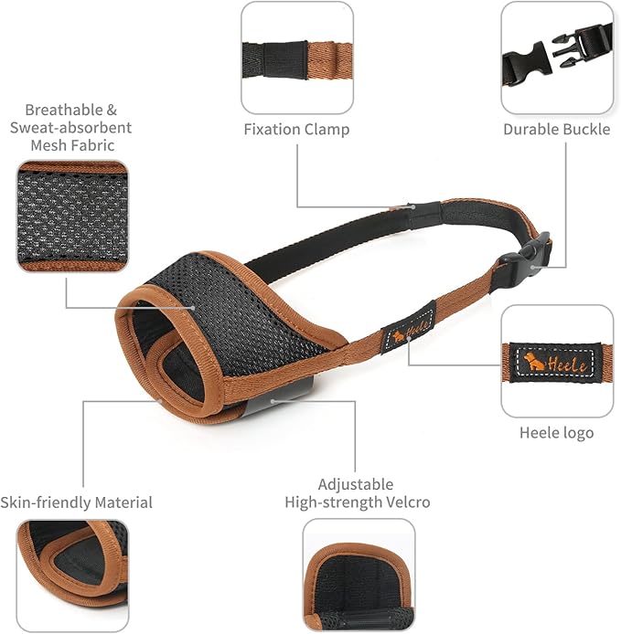 HEELE Dog Muzzle,Soft Nylon Muzzle Anti Biting Barking Chewing,Air Mesh Breathable Drinkable Adjustable Loop Pets Muzzle for Small Medium Large Dogs 4 Colors 4 Sizes (Brown, L)