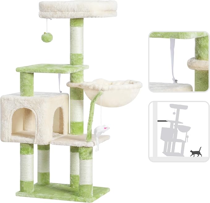 Heybly Cat Tree with Toy, 43.3 inch Cat Tower condo for Indoor Cats, Cat House with Padded Plush Perch, Cozy Hammock and Sisal Scratching Posts, Green and Beige HCT004SGM