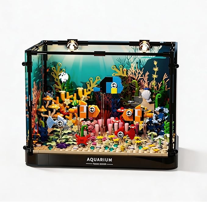 Fish Tank Building Block, Lighting Aquarium Building Sets for Adults and Kids Including Clownfish, Coral, Crab，Flowers, Animal Building Toys for Boys Age 8+, 570pcs