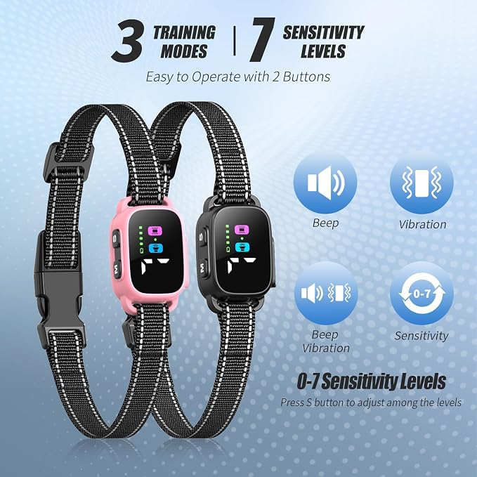 Anti Bark Collar for Small Dogs 2 Pack, No Shock Bark Collar with Beep & Vibration, 7 Sensitivity Levels, Rechargeable IP67 Waterproof Bark Collar for Small Dogs 5-30lbs, Pink & Black