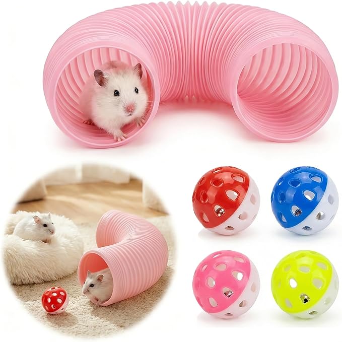 Hamster Collapsible Tunnel Tube Toys with 4 Bell Balls, Expandable Small Animal Hideout Exercise Toy 7.8inch Unextended 32.7inch Extended for Guinea Pig Gerbil Rat Ferret (Pink)