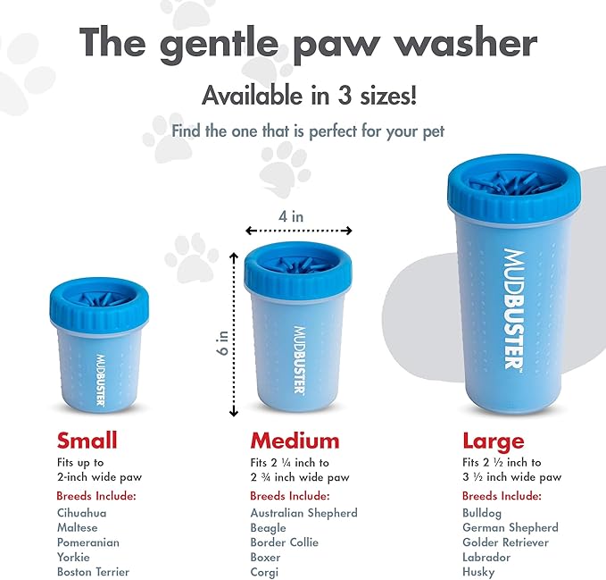 Dexas MudBuster Medium Dog Paw Cleaner in Pro Blue - Fits 1.5"-2.5" Wide Paws, Portable Paw Washer for Muddy Paws, Dog Paw Cleaning Cup with Gentle Silicone Bristles, Quick Clean Pet Paw Washer