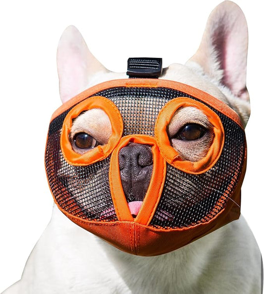 Short Snout Dog Muzzles- Adjustable Breathable Mesh Bulldog Muzzle for Biting Chewing Licking Grooming Dog Mask,Orange(Eyehole) L