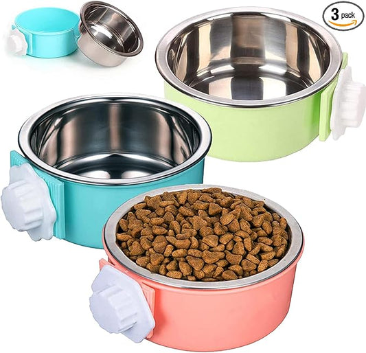 HERCOCCI Dog Crate Bowls, Removable Stainless Steel Pet Kennel Cage Hanging Food Bowls and Water Feeder Coop Cup Prevent Overflow for Puppy, Medium Dog, Cat, Rabbit, Ferret (3PCS)