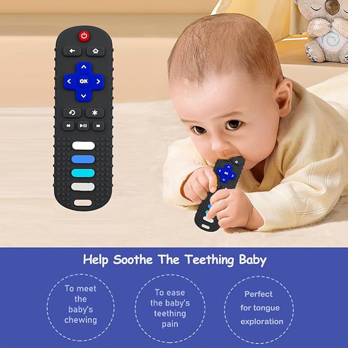 ROBBEAR Baby Teething Toys, Food Grade Silicone Teether for Babies 3 6 12 18 Months, TV Remote Shape Toddlers Chew Toys, Freezer BPA Free (Black+Beige)