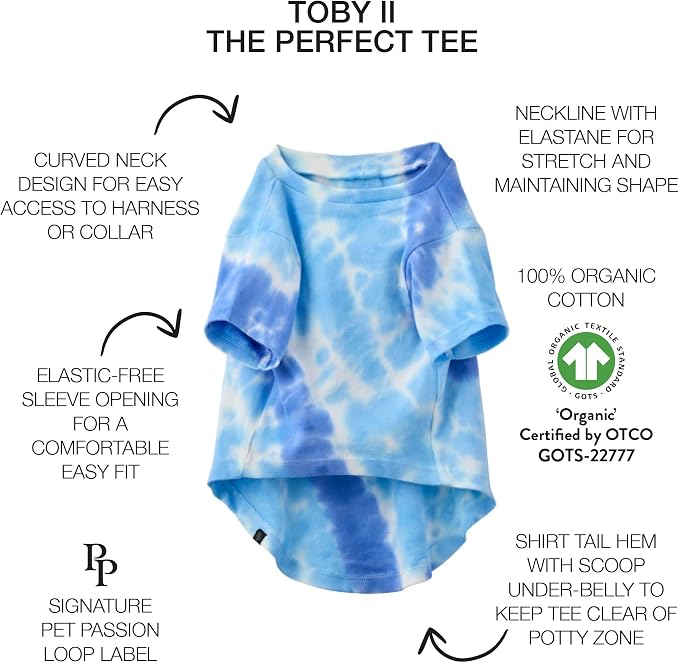 Pet Passion Toby II - The Perfect Tee, 3 Pack Short Sleeve Pet T-Shirt 100% Organic Cotton Tees Clothes for Small, Medium, Large Dogs, Blue Tie Dye, XX-Large (70-110 lbs)