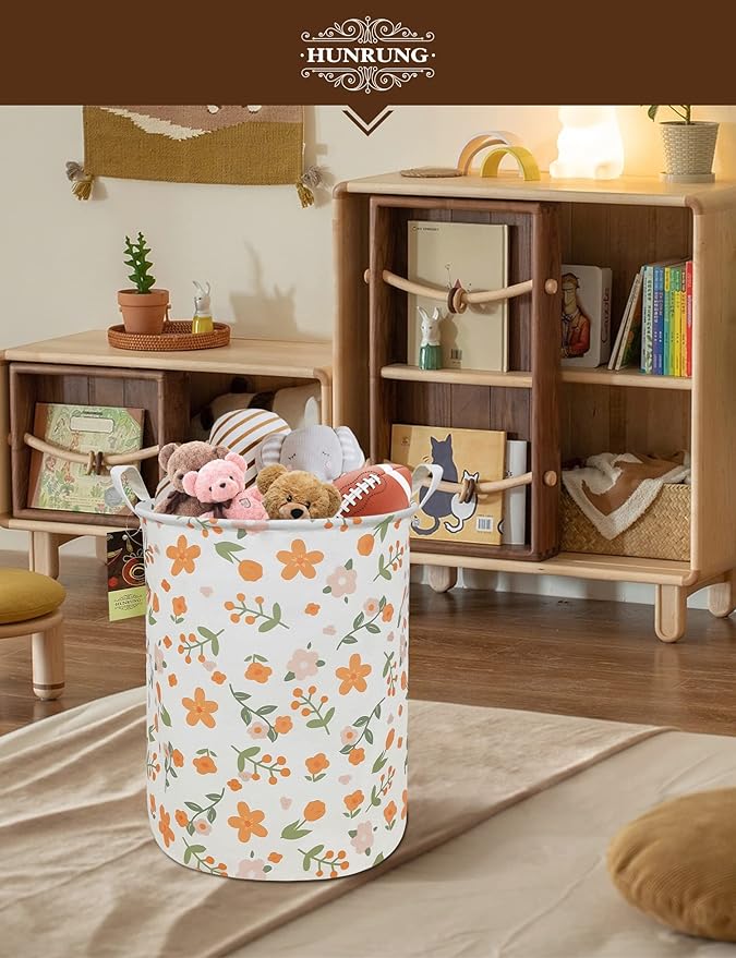 Collapsible Fabric Storage Basket, Waterproof Laundry Hamper with Handles, Round Storage Bin for Clothes Toys, Foldable Organizer for Bedroom Nursery Bathroom(Round-Orange Flower)
