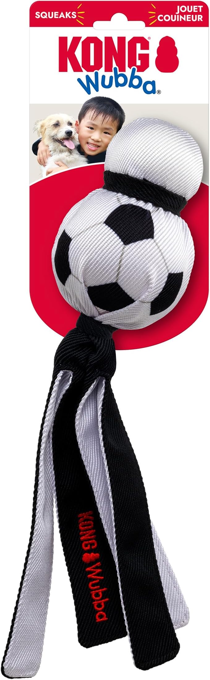 KONG Wubba Sport Dog Toy – Reinforced Tug & Toss Toy with Squeaker and Floppy Tails for Fetch & Interactive Play (Soccer, Large)