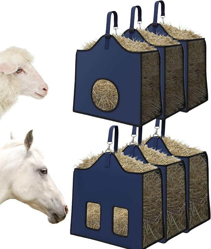 Hay Feeder for Goats and Horses - Slow Feed Design, Heavy Duty Hanging Hay Bag for Barn, Trailer & Paddock, Easy to Hang & Clean(3pcs, Navy Blue)