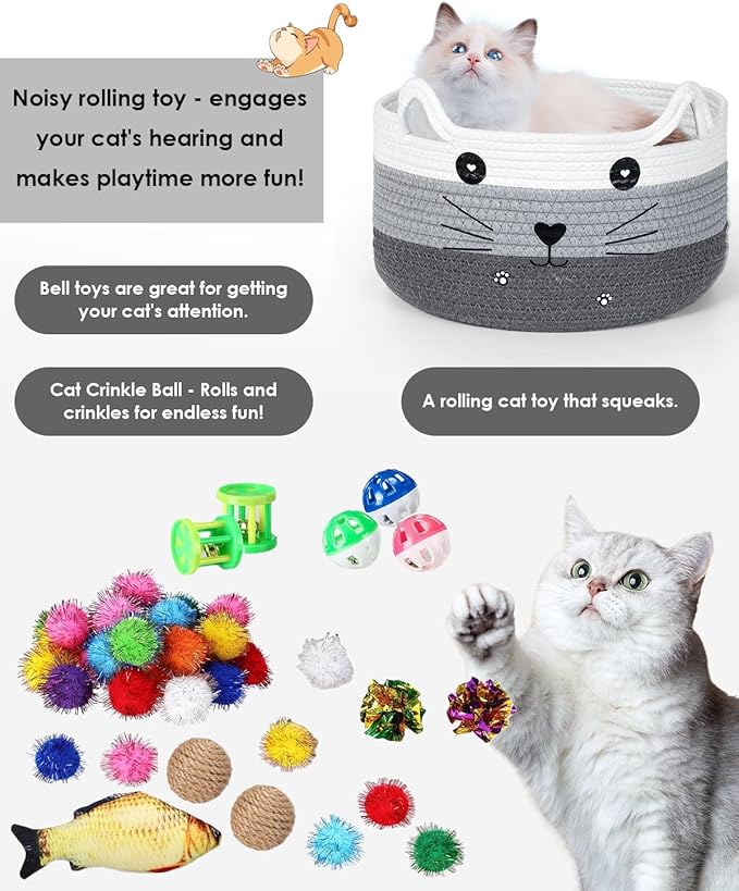 76-Piece Cat Storage Basket & Interactive Cat Toy Set: Wand Toy, Colorful Flashing Balls, Crinkle Balls – Attracts Kittens to Swat and Hunt, Indoor Cat Toy (Grey)