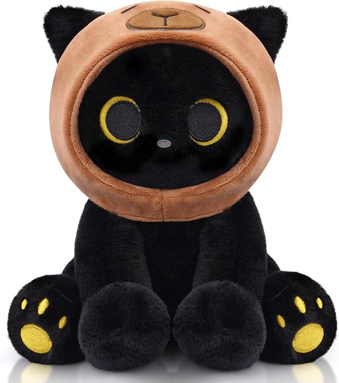 Capybara Plush Stuffed Cat, 8inch Black Cat Plush Wear Capybara Hood, Cute Kitten Plushies Kawaii Huggable Gift for Kids, Boys, Girls, Birthday