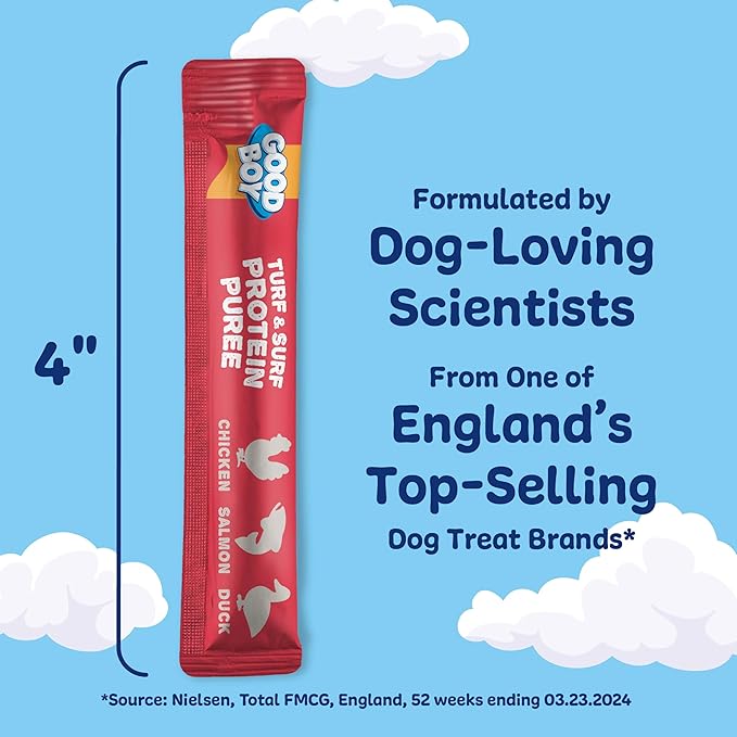 Good Boy Turf & Surf Protein Purees Dog Food Mixers for All Adult Dogs, 30 Count, Easy Single-Serve Triple Flavor Topper Treats with Chicken, Salmon and Duck