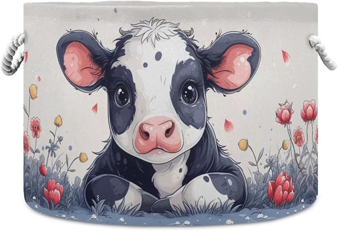 Cow Print Round Storage Basket Cute Animal Flower Large Laundry Hamper 20 x 20 x 14 Inches Organizer Bin with Cotton Rope Handles Clothes Storage Bag for Nursery Bedroom Living Room Decor