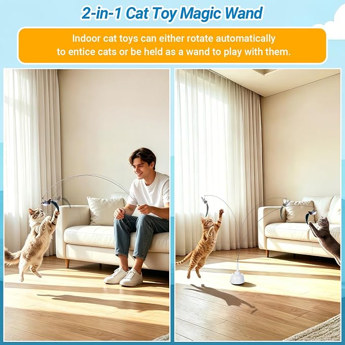 Interactive Cat Toys for Indoor Cats Toy Wand 360° Flying Bird Cat Toy | 2 Speed Adjustable Flying Bird Cat Toy Automatic Cats Toys with Self ON/OFF Feather Toy Suction Cup Electric Cat Teaser Wand