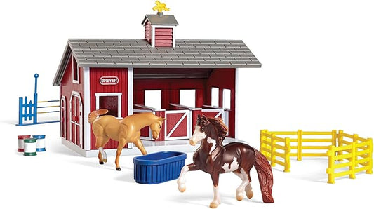 Breyer Stablemates Red Stable Set with Two Horse Figurines - Premium Horse Barn Toy for Kids - Educational Collectible Equestrian Gift for Kids - Imaginative Play Set
