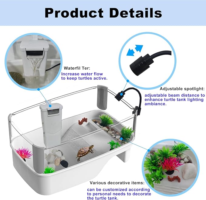 Small Turtle Tank Habitat Kit with Basking Platform, for Turtles, Crayfish, Crab, Aquatic Tortoise Enclosure Starter Aquarium, Pet Turtle Reptile Habitat