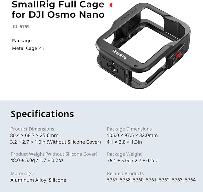 SmallRig Full Cage for DJI Osmo Nano, Aluminum Case Protective Frame Mount, One-Touch Unlocks Expansion Housing Shell for OSMO Nano, with Cold Shoe and 1/4"-20 Threaded Holes