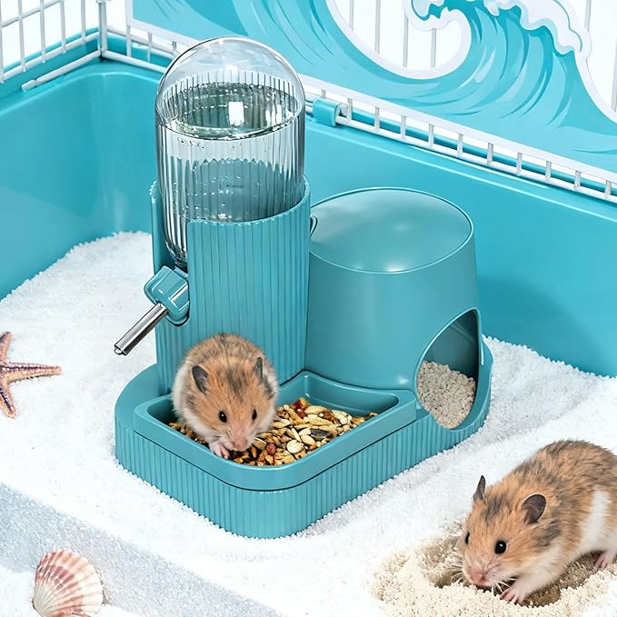 3 in 1 Hamster Water Bottle No Drip Automatic Water Dispenser with Food Bowl Container & Hideout Base Hut for Dwarf Hamster Mouse Rat Gerbils Mice Cage Accessories (Blue)