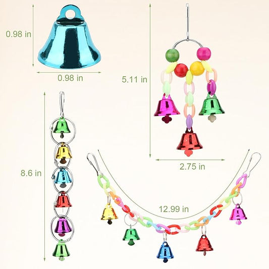 Hypeety Parrot Chew Toys Swing Colorful Bells Chandelier Bird Hanging Toy Parrot Cage Craft Toys Cages African Grey Conure Cockatiel 4PCS Set