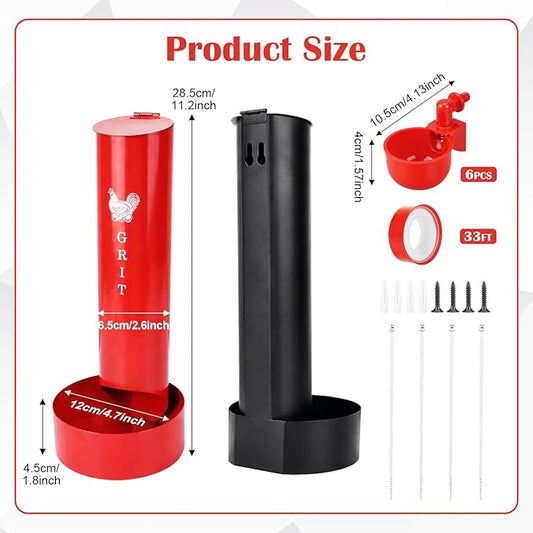 Chicken Oyster Shell Feeder and Grit Feeder and 6 Pcs Automatic Chicken Waterer Cup, Metal Hanging Poultry Feeders and Plastic Poultry Water Cup, Coop Accessories, Black+Red