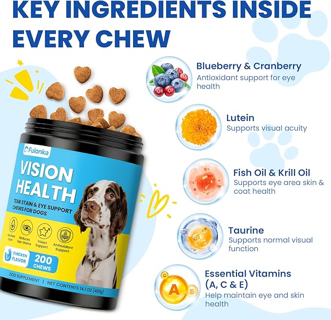 Tear Stain Chews for Dogs 200 Ct Eye Support Soft Chews Dog Eye Care Vision Immune Support Antioxidant Protection with Vitamins Cranberry Extract Fish Oil Lutein for Eye Health (Chicken Flavor)