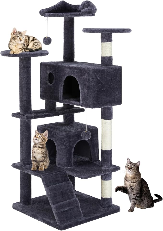 DUMOS 54 Inch Indoor Cat Tree Tower with Scratching Posts, Multi-Level Pet House for Large Cats with 2 Condos, Round Platform, Small Ladder, and Toys – Perfect for Cats of All Ages, Dark Grey