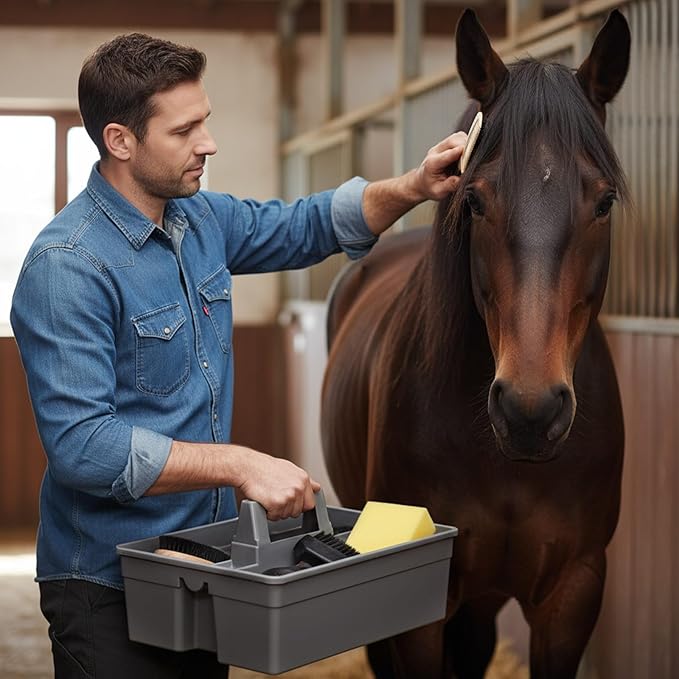 Abbylike Horse Grooming Kit with Tote Bag, 6-Piece Horse Care Set with Brush, Comb & Hoof Pick, Portable Grooming Supplies Organizer(Gray)