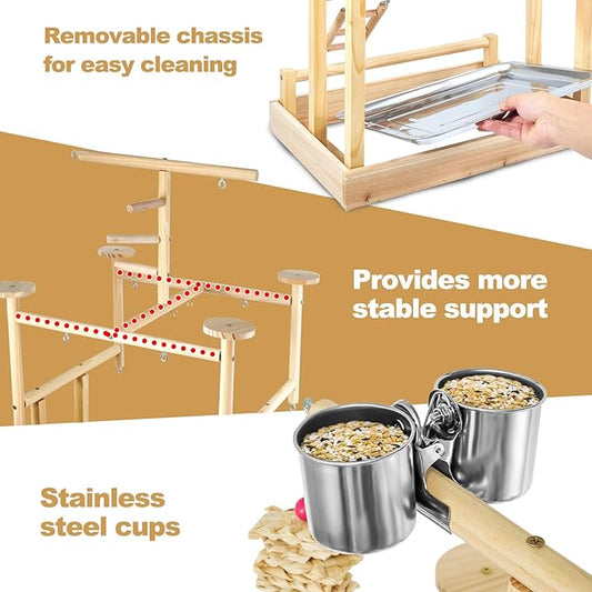 LIMIO Bird Playground - Natural Wood Parrot Playstand with Perches, Bird Play Gym & Accessories, Removable Tray & 4 Stainless Steel Cups