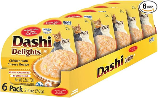 INABA Dashi Delights for Cats, Shredded Chicken Side Dish with Bonito Flake Broth, Cat Food Complement with Taurine & Green Tea Extract, 2.5 Ounce Cup, 6 Cups Total, Chicken with Cheese Recipe