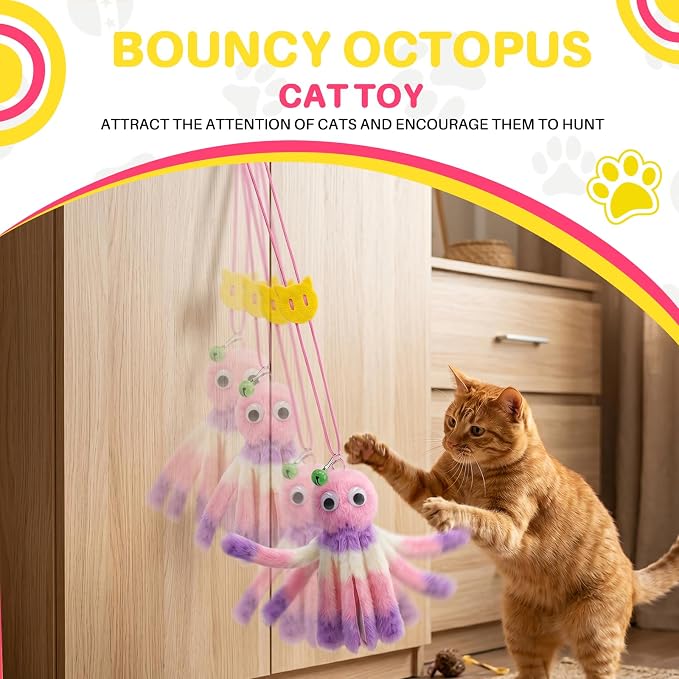 Walfront Octopus Door-Hanging Cat Wand Toy – Interactive Teaser with Swinging Tentacles, Hands-Free Self-Play Toy for Indoor Cats & Boredom Relief