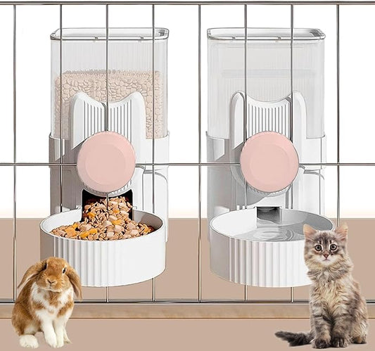 kathson Hanging Automatic Pet Food and Water Dispenser,Gravity Auto Rabbit Feeder for Cage,Guinea Pig Feeder and Waterer Set,Cat Food Bowl Dog Feeding Station for Bunny,Ferret,Chinchilla (Pink)