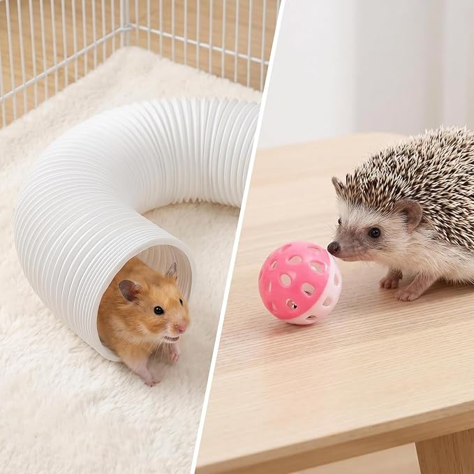 Hamster Collapsible Tunnel Tube Toys with 4 Bell Balls, Expandable Small Animal Hideout Exercise Toy 7.8inch Unextended 32.7inch Extended for Guinea Pig Gerbil Rat Ferret (White)
