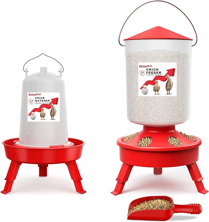 2-in-1 Chick Starter Set: 0.8 Gal Top Filling Feeder and 0.4 Gal Waterer with Adjustable Legs for Baby Chicks, Includes Scoop, Hanging Hooks, Anti-Drown Design (Red)