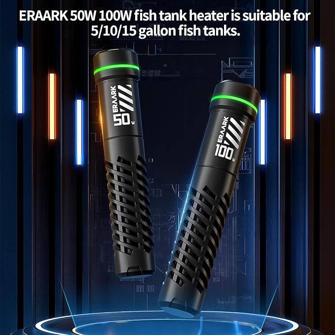ERAARK 50W 100W Small Submersible Aquarium Heater, Constant Temperature 77℉, Betta Fish Tank Heater Suitable for Saltwater and Freshwater, 5/10/20 Gallon Fish Tahk (100W)