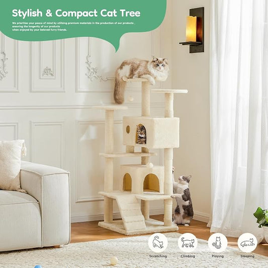 DUMOS 54 Inch Indoor Cat Tree Tower with Scratching Posts, Multi-Level Pet House for Large Cats with 2 Condos, Round Platform, Small Ladder, and Toys – Perfect for Cats of All Ages, Beige