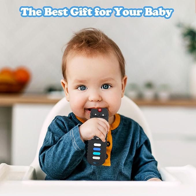 ROBBEAR Baby Teething Toys, Food Grade Silicone Teether for Babies 3 6 12 18 Months, TV Remote Shape Toddlers Chew Toys, Freezer BPA Free (Blue+Beige)